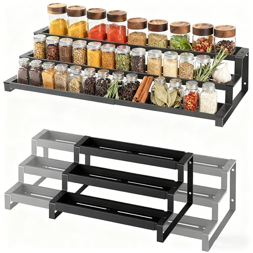 DUDUYA Expandable Spice Rack (14.5"-26"),3 Tier Spice Organiser, Cupboard Organiser,Wall-Mountable Seasoning Organizer, Spice Jars Rack for Kitchen,Pantry,Countertop,Bathroom,Black