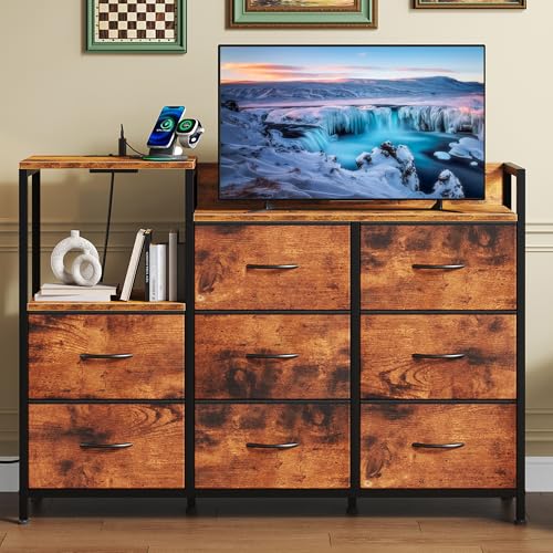 Image of NEWBULIG Dresser TV Stand with 8 Fabric Drawers and 1 Shelf, Wooden Top TV Media Console Table for Up to 45 inch, Entertainment Center with Charging Station for Living Room Bedroom, Rustic Brown