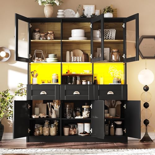 Armario de cocina, armario alto de cocina, armario buffet con estantes ajustables, aparador con iluminación LED, colores de luz variables, 140 × 40 × 175 cm (negro)
