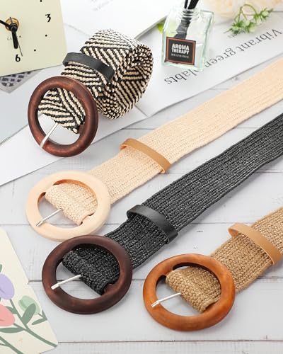 Image of WILLBOND 4 Pcs Women's Elastic Raffia Woven Belt, Boho Rattan Buckle Stretch Straw Wide Waist Belt for Dresses Jeans Pants