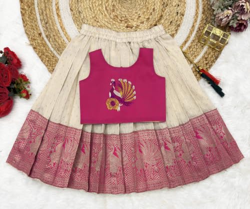Image of Girls South Indian Pattu Pavadai | Traditional Jacquard Silk Lehenga Choli Set