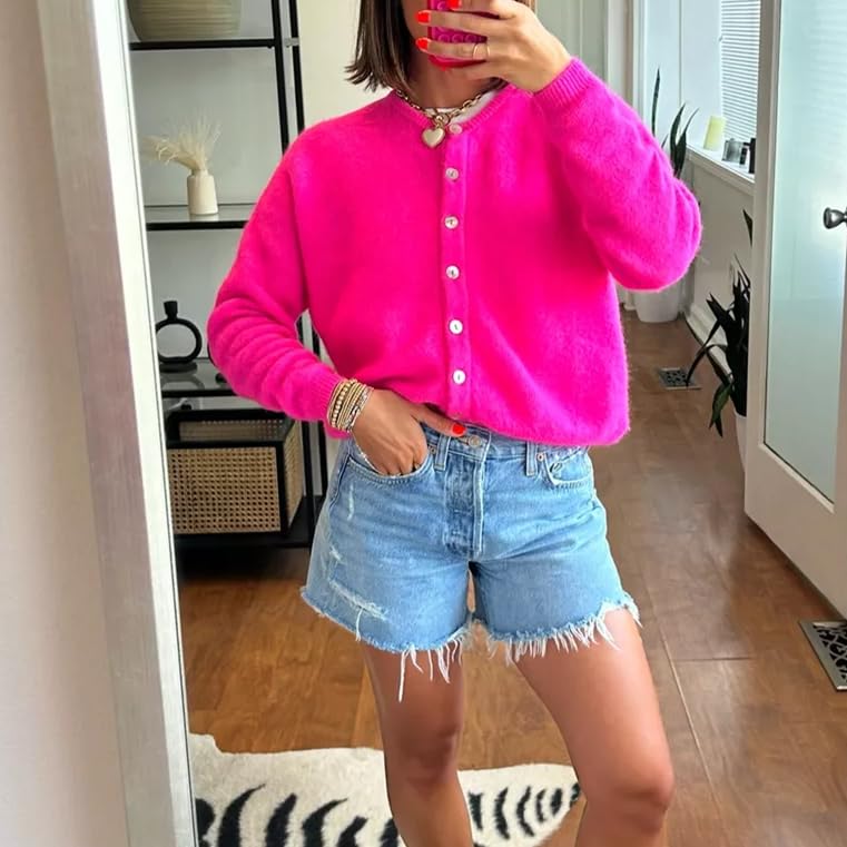 Image of Women Button Down Cardigan Long Sleeve Crewneck Sweater Vintage Lightweight Knit Jacket Fall Going Out Top