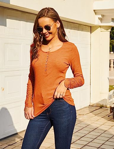 Miselon Womens Long Sleeve Henley Shirts V Neck Lace Button Tops Ribbed Knit Casual Slim Fit Blouse3