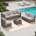 LHBcraft 7 Piece Patio Outdoor Furniture Set, Outdoor Sectional, All-Weather Hand-Woven Wicker Patio Sectional Sofa, Rattan Outside Furniture with Grey Cushion and Glass Coffee Table