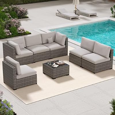 LHBcraft 7 Piece Patio Outdoor Furniture Set, Outdoor Sectional, All-Weather Hand-Woven Wicker Patio Sectional Sofa, Rattan Outside Furniture with Grey Cushion and Glass Coffee Table