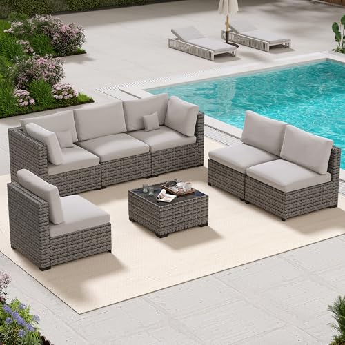 Image of LHBcraft 7 Piece Patio Outdoor Furniture Set, All-Weather Wicker Outdoor Sectional Patio Sofa, Outside Furniture with Grey Cushion and Glass Coffee Table