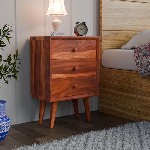Image of Jangid Handicraft Solid Sheesham Wood Bedside Table for Bedroom | Wooden Bed Side Nightstand End Table with 3 Drawer Storage for Home & Living Room | Sofa Side Table |Rosewood, Honey Finish
