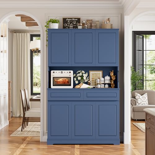 Image of FACBOTALL 74 inch Pantry Cabinet, Tall Kitchen Pantry Cabinet with 6 Doors and 2 Drawers, Kitchen Hutch with Wide Countertop, Modern Kitchens Cupboard with Adjustable Shelves and Charge Holes, Blue