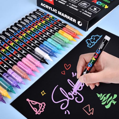 Image of Wafeeq Acrylic Paint Markers Set - Dual Tip Waterproof Paint Pens for Rock, Wood, Glass, Fabric & DIY Art Crafts