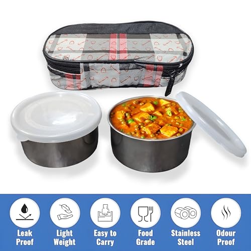 Image of Taxton Stainless Steel Lunch Box with 2 Containers and Insulated Carry Bag, Checkered Pattern, Plastic Lid (Black)