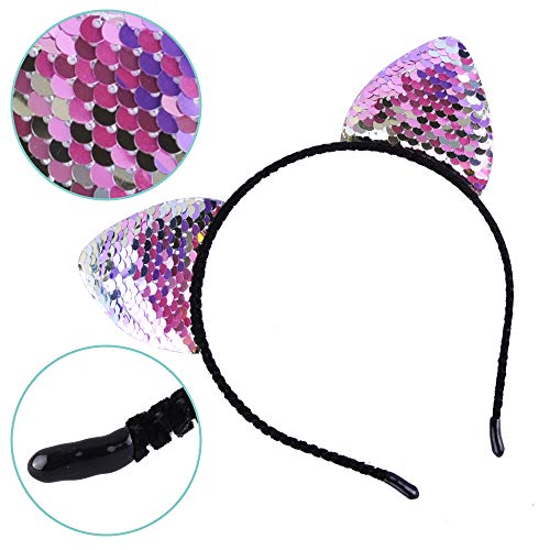 image for SIQUK 14 Pieces Cat Ear Headbands Reversible Shiny Sequin Hairband Kit