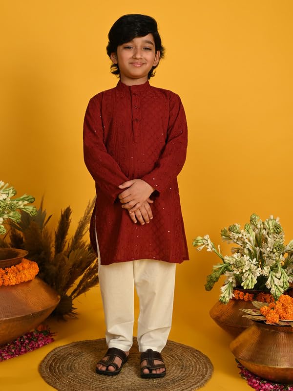 Image of Saka Designs Boy's Embroidered Kurta & Pyjamas - Red