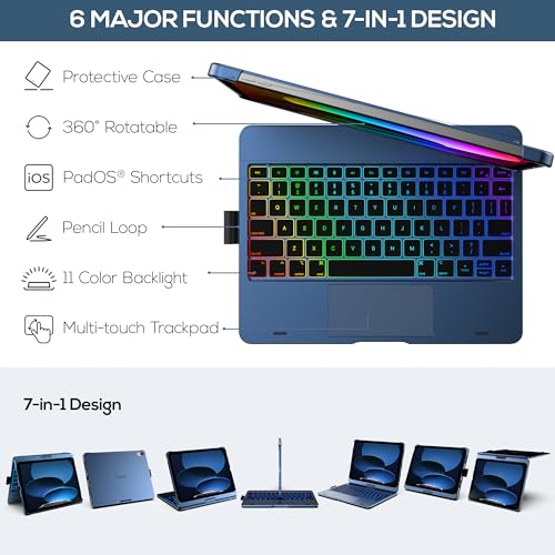 Image of typecase Touch iPad 11th 10th Generation Case with Keyboard (11 inch 2025, A16 & 10.9 inch 2022) - 360 Rotatable, 11-Color Backlit, Multi-Touch Trackpad, Pencil Holder, Thin & Light - Midnight Blue