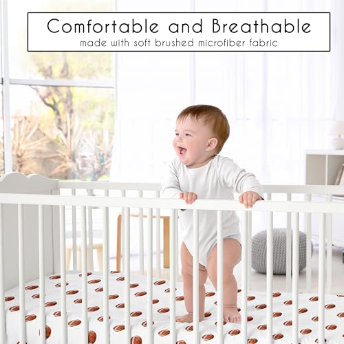 Image of Sweet Jojo Designs Fitted Baby Crib Sheets (Football) for Boys, Infant Nursery, Toddler Room - Standard Size (Brown & White Sports Balls for the Classic, Watercolor, Vintage Sport Theme Collection)