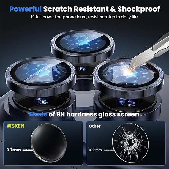 Image of WSKEN Camera Lens Protector Ring Compatible For iPhone Camera Protection - 9H Hardness Scratch-Resistant Bubble-Free HD Tempered Camera Metal Glass Tempered Glass Screen Protector Film Mobile Phone Case Friendly (Deep Blue, iPhone 17 Pro /Pro Max)
