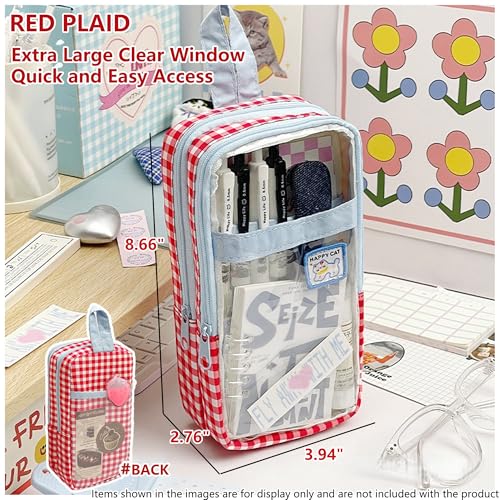 Image of Cute Pen case Adorable Bunny Transparent 3-Layer Large Capacity Pencil Case Gadget organizer with Lovely Stickers (Red Plaid)