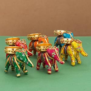 JH Gallery Handcrafted Recycled Material Elephant Tealight Candle Holder Home Decoration Item for Diwali (Multicolor, 8 X 5 X 10 cm) – Pack of 6