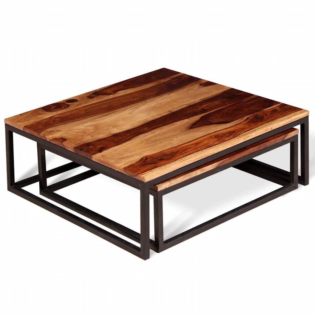 Hothingwell - Juego de mesa baja (2 unidades, madera maciza) | Estilo Retro, Acabado Mate, Madera Duro Tropical, Marco Metal Industrial, Diseño Emboitable