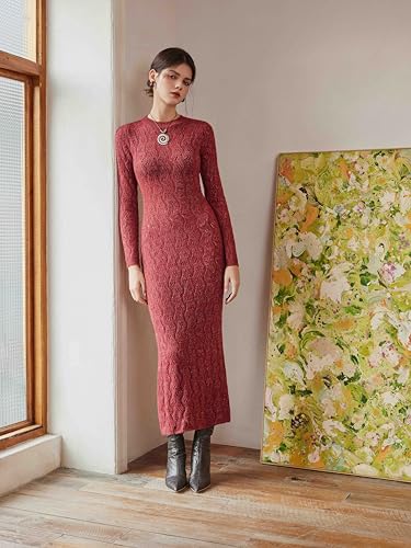 CIDER Burgundy Dress for Women Long Sweater Dresses Mesh Hollow Out Long Sleeve Crew Neck Maxi Winter Dress 20252