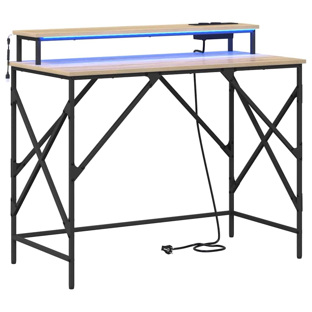 Scrivania 100 x 50 cm rovere Sonoma con LED RGB tavolo da gioco in legno e telaio in acciaio, piccolo computer desk moderno da ufficio con stazione di ricarica per casa, ufficio, camera dei