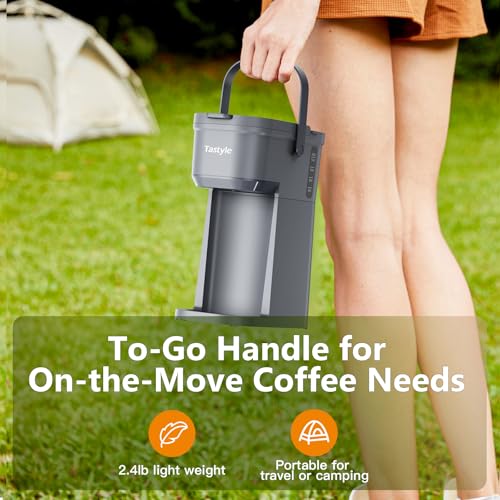 Image of Tastyle Single Serve One Cup Coffee Maker, for K Cups and Grounds, Mini Coffee Maker with Portable Handle, 6 to 12 Oz Brew Size, for Travel, Camping, Office, RV and Dorm, 120V, Cool Gray