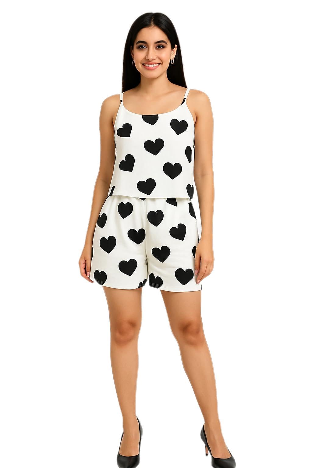 Women's Heart Print Sleeveless Romper, White with Black Hearts, Spaghetti Strap-image-24