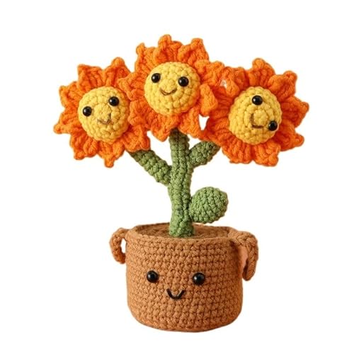 ZHSOAO Crochet Flowers Potted Creative Knitted Sunflower Handmade Kintting Flower for Weddings Birthdays(Color1)