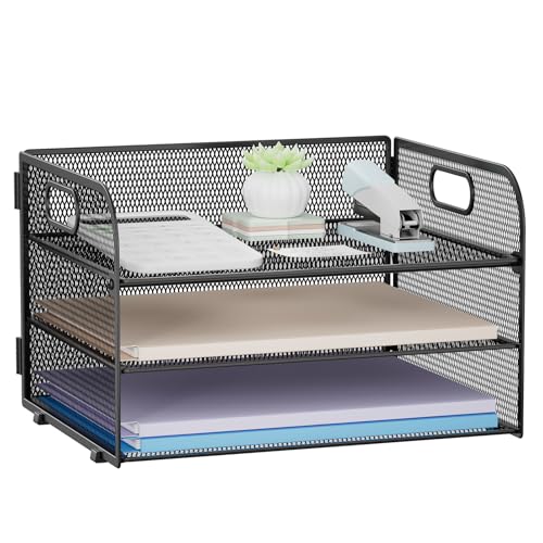 Restorgan 3 Tier Paper Organiser with Handle Mesh Desk Organiser Letter Tray Paper Tray Organizer for A4 File Folder Black