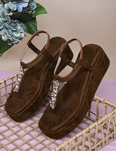 Image of TRYME T-Strap Embellished Wedges Heel Sandals for Women | Soft Suede Comfort Slip-On Sandals for Wedding, Festive & Elegant Styling