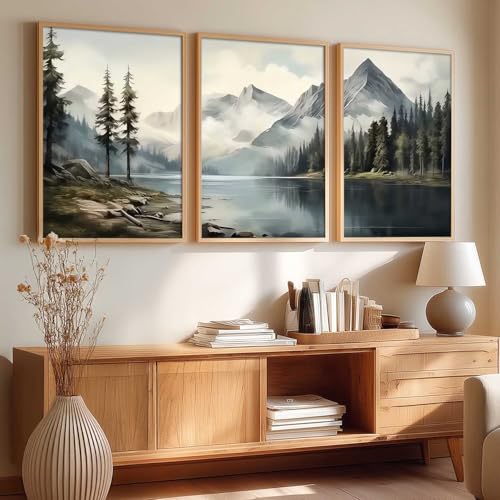 Image of kotart Big Aesthetic Mountains View Wall Art Paintings | River View Framed Painting | Nature Art Vastu Frames for Living Room Bedroom Wall Decor Set Of 3 (14x20 Inch)