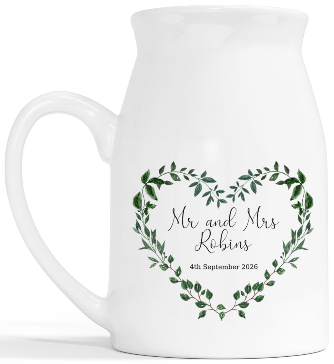 Just Married Flower Vase - Personalised Wedding Gift Ceramic Customised Milk Jug - Eucalyptus Leaf Heart Wreath 2nd Anniversary China Married Couple Keepsake - White 450ml