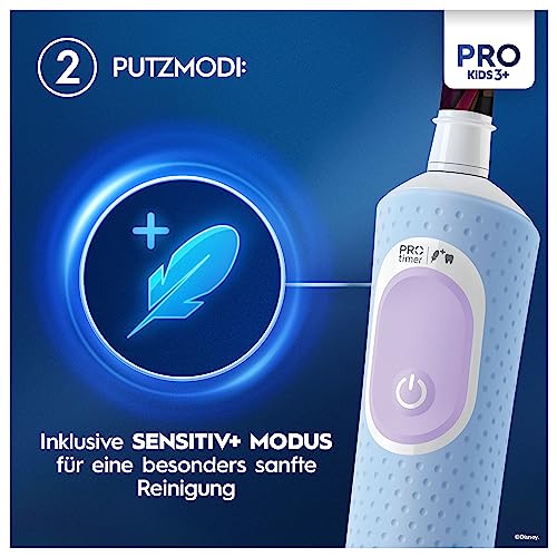 Oral-B Pro Kids Frozen Elektrische Zahnbürste, Electric Toothbrush für Kinder ab 3 Jahren, inklusive Sensitiv+ Modus für Zahnpflege, extra weiche Borsten, 1 Aufsteckbürste, 4 Sticker, blau, lila – Bild 6