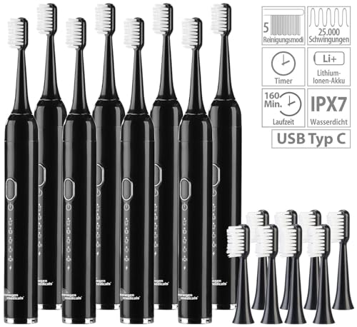 newgen medicals Zahnbürste: 8er-Set USB-Akku-Schallzahnbürste, 25.000 Hz, 5 Modi, Netztasche, IPX7 (Elektrische Zahnbürste) – Bild 3