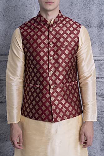 Image of Ethluxis Men's Silk Blend Navy Kurta Pyjama Set with Bundi Nehru Jacket Waistcoat