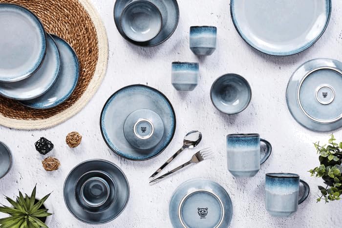 BJORN GENESIS Geschirrset aus Steinzeug – Service für 6 Personen, 36-teilig mit Tellern, Schalen, Bechern & Tassen, reaktive Glasur in Blauverlauf