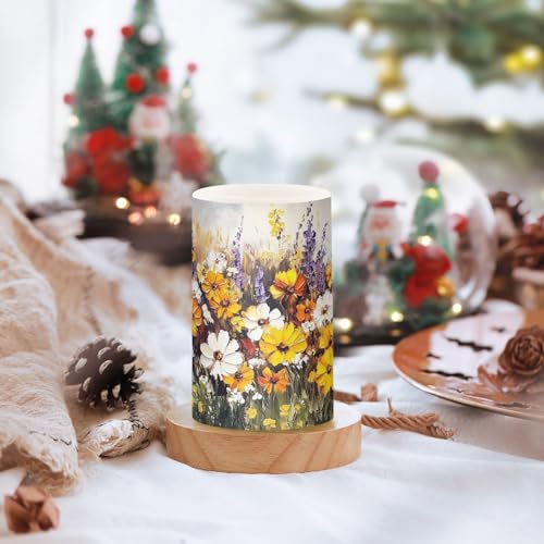 Image of Yellow White Purple Wildflowers Oil Pattern Flickering Flameless Candles LED Battery Operated with Remote Timer Pillar Candles for Home Birthday Wedding Christmas Decor, Set of 2