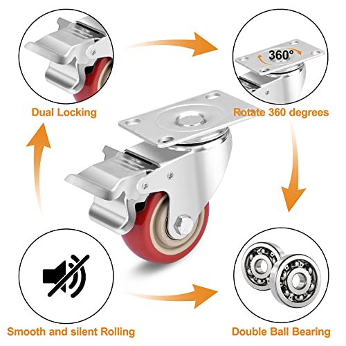 3 Inch Industrial Heavy Duty Swivel Caster Wheels with Brake,Set of 4 Safety Locking Casters,Load 1600lbs,Premium Polyurethane Wheels for Table, Trailer, Saw Table, Stage Toolbox, Bed, Corn Board
