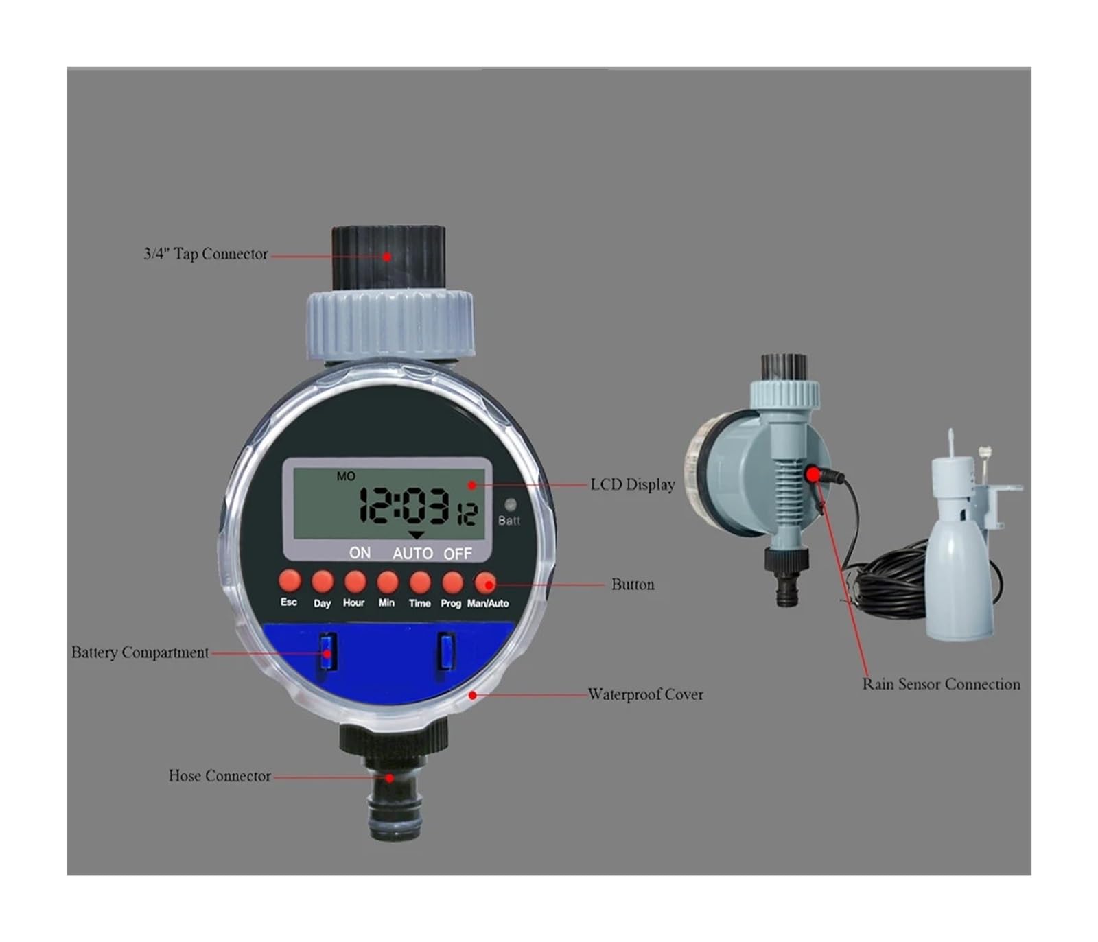 NURII Temporizzatore Automatico for irrigazione con Display LCD, con sensore Pioggia Temporizzatore elettronico for valvola a Sfera da Giardino Domestico for irrigazione da Giardino