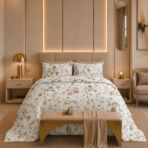 Image of Jaipur Weaves Cotton Linen Feel King Size Bedsheet 108x108 Super King, 100% Pure Cotton Bed Sheet with 2 Pillow Covers, 300 TC Soft Breathable Floral Design Bedding -(Vintage Yellow, Super King)