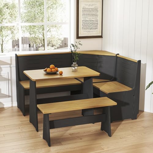 KOBY HOME Breakfast Nook Kitchen Corner Dining Table Bench Chair Set, Space-Saving 3-4 Seat L-Shape for Family Home Black Wood