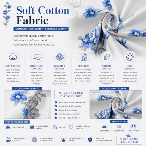 Image of IVAZA 240 TC Soft Ezyption Cotton Floral Print King Size Bedsheet - with 2 Pillow Covers, Hypoallergenic, Brethable, (Size- 90 x 90 Inch) Blue White Flower