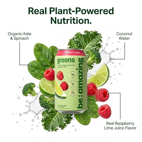Image of Be Amazing Greens Drink, Raspberry Lime, Vitamin Drinks With 10 Organic Fruits and Vegetables, Coconut Water, Vitamin C, and Prebiotic Fiber, 25 Calories, Low Sugar, Vegan and Gluten Free, 8 Pack