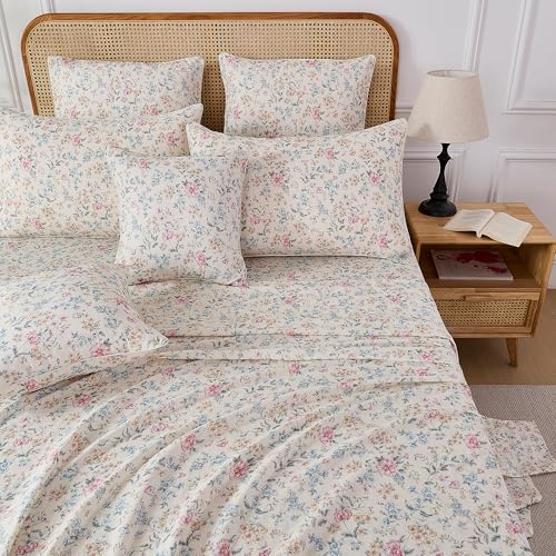 Image of FADFAY Full Muslin Cotton Multicolor Floral Sheet Set, Soft Breathable Lightweight Sheets for Dorm, Kids Room or Guest Bed with Fitted Sheet, Flat Sheet & Pillowcases