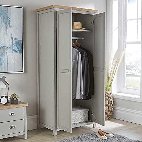 Home Source Oak Wardrobe 2 Door Two Tone Wooden Hanging Rail Storage Shelves, Grey, Dorset