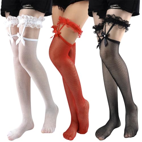 Image of 3 Pairs Lace Top Fishnet Stockings Sexy Mesh Thigh High Pantyhose Women Tight Hosiery Bow Suspenders Hold up Stockings