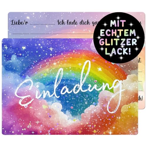 JOYEASE 12 Stück Glitzer Regenbogen Einladungskarten Kindergeburtstag Mädchen Einladungskarten Geburtstag Einladung Kindergeburtstag Mädchen Partyeinladungen Geburtstagseinladungen Kinder
