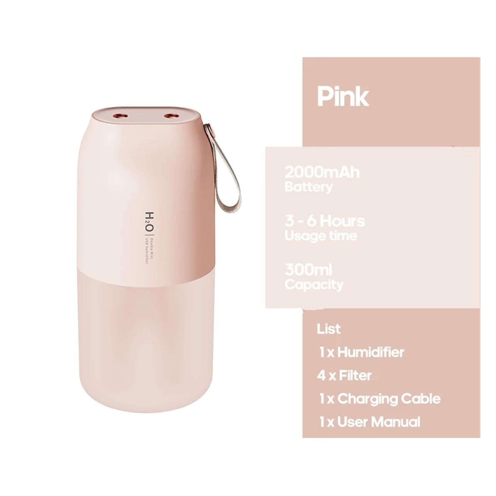 Umidificatore, Umidificatore D'aria Ricaricabile Senza Fili 2000mAh Diffusore Di Nebbia Fredda Wireless A Ultrasuoni For Auto E Casa Con Lu Notturna Calda per Casa e l'ufficio(Pink)