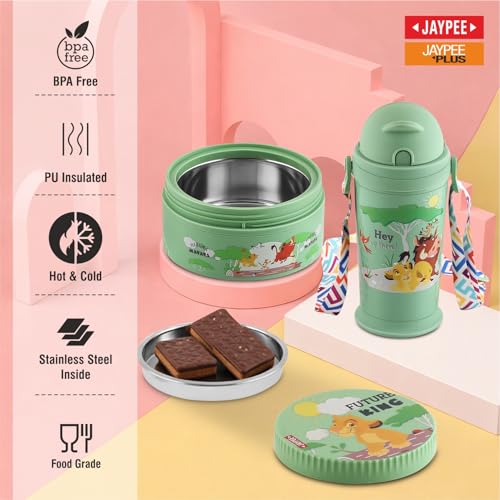 Image of JAYPEE First Step Inner Stainless Steel Insulated Lunch Box Meal and Sip Combo for School Kids Water Bottle Sipper & Disney Princess School Kids Tiffin Box 375 & 270 ml Water Bottle, Green