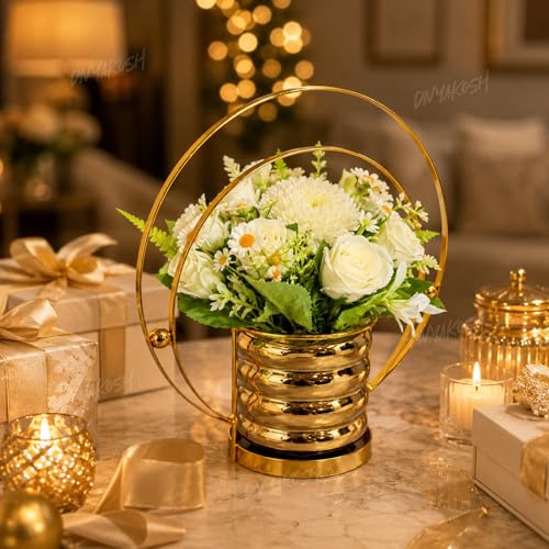 Image of Divyakosh Artifcial Flower for Home Decoration, Pre Fixed Artificial Flower Vase (Metal), Showpiece, Gift, Home Decoration Items for Living Room, Aesthetic Home Decor, Vase for Home Decor'