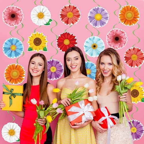 Image of 40Pcs Spring Flowers Hanging Swirl Decorations, Spring Summer Party Ceiling Hanging Swirls Floral Swirls Streamers for Springtime Easter Birthday Wedding Party Decor